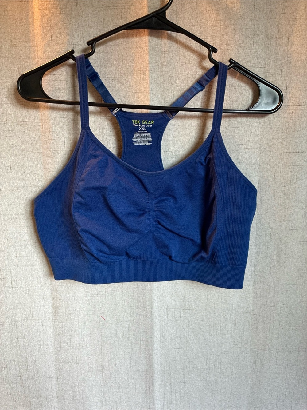 Tek Gear Sports Bra Women XXL Navy Blue Ribbed Ruched Racerback Workout Gear Fem